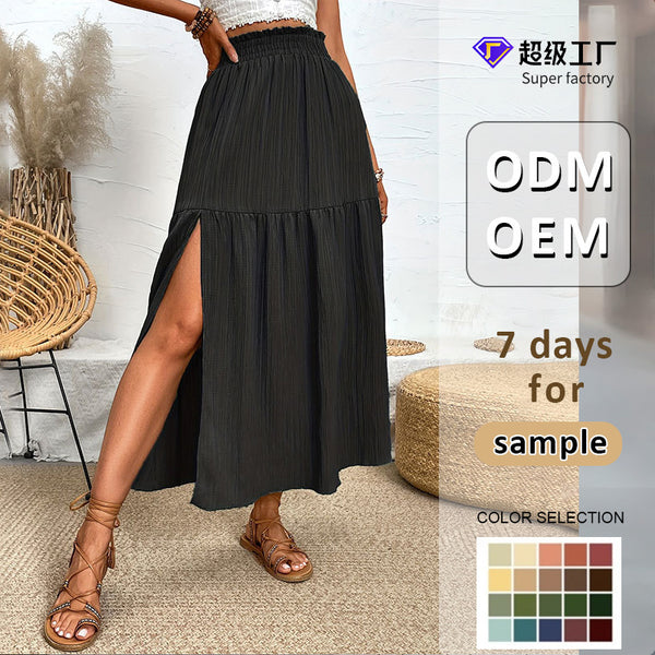 Solid Pleated Maxi Skirt with High Slit and Ruffled Waist