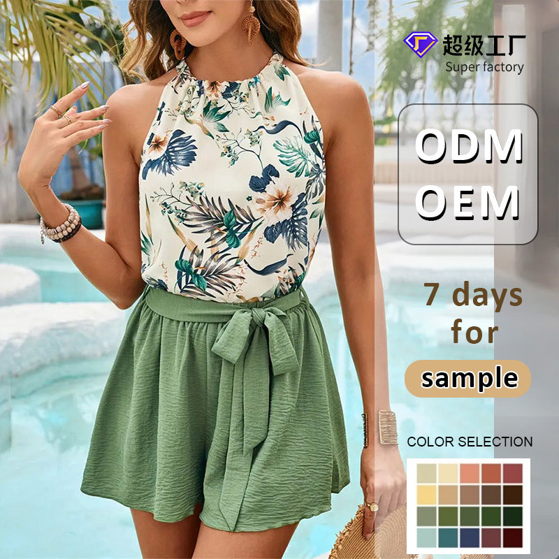 Leaf Print Halter Top and Tie-Waist Shorts Set