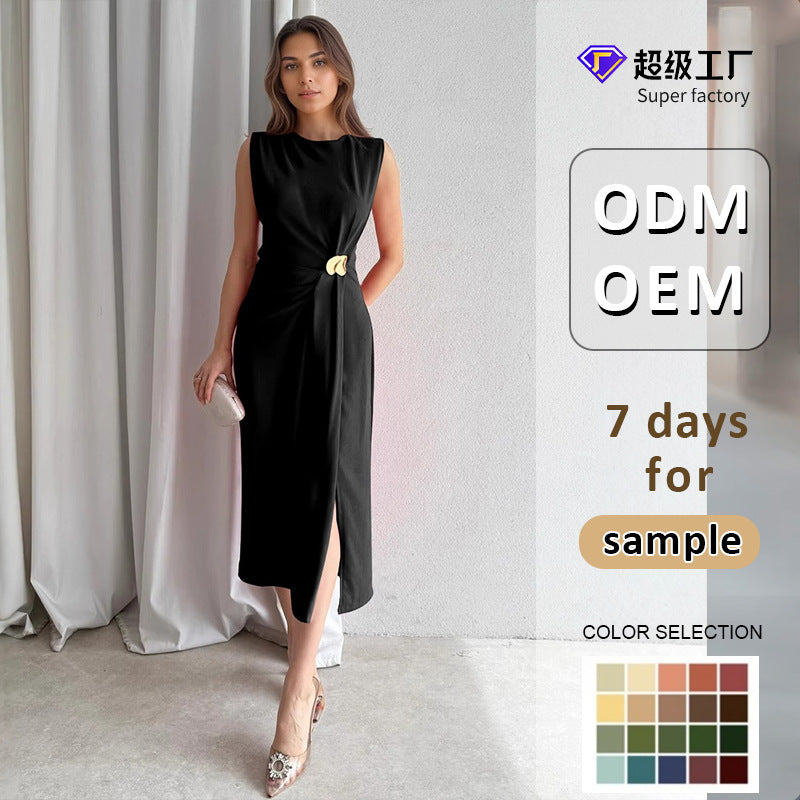 Sleeveless Solid Midi Dress with Draped Waist and Slit