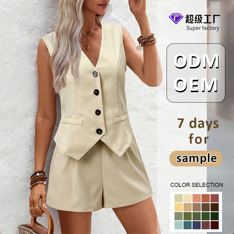 Solid V-Neck Vest and Tailored Shorts Set