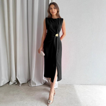 Sleeveless Solid Midi Dress with Draped Waist and Slit