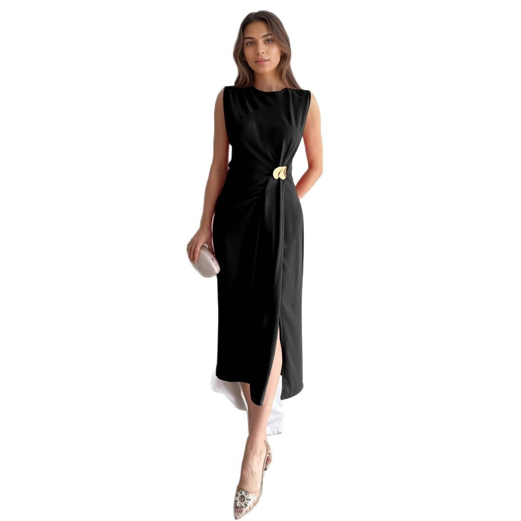 Sleeveless Solid Midi Dress with Draped Waist and Slit