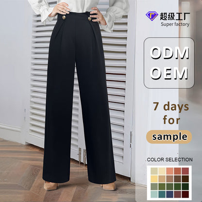 High-Waist Wide-Leg Knit Pants with Pleats and Buttons
