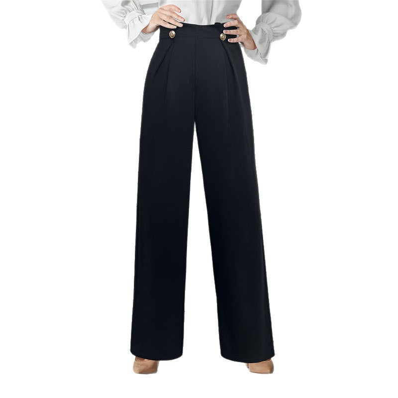 High-Waist Wide-Leg Knit Pants with Pleats and Buttons