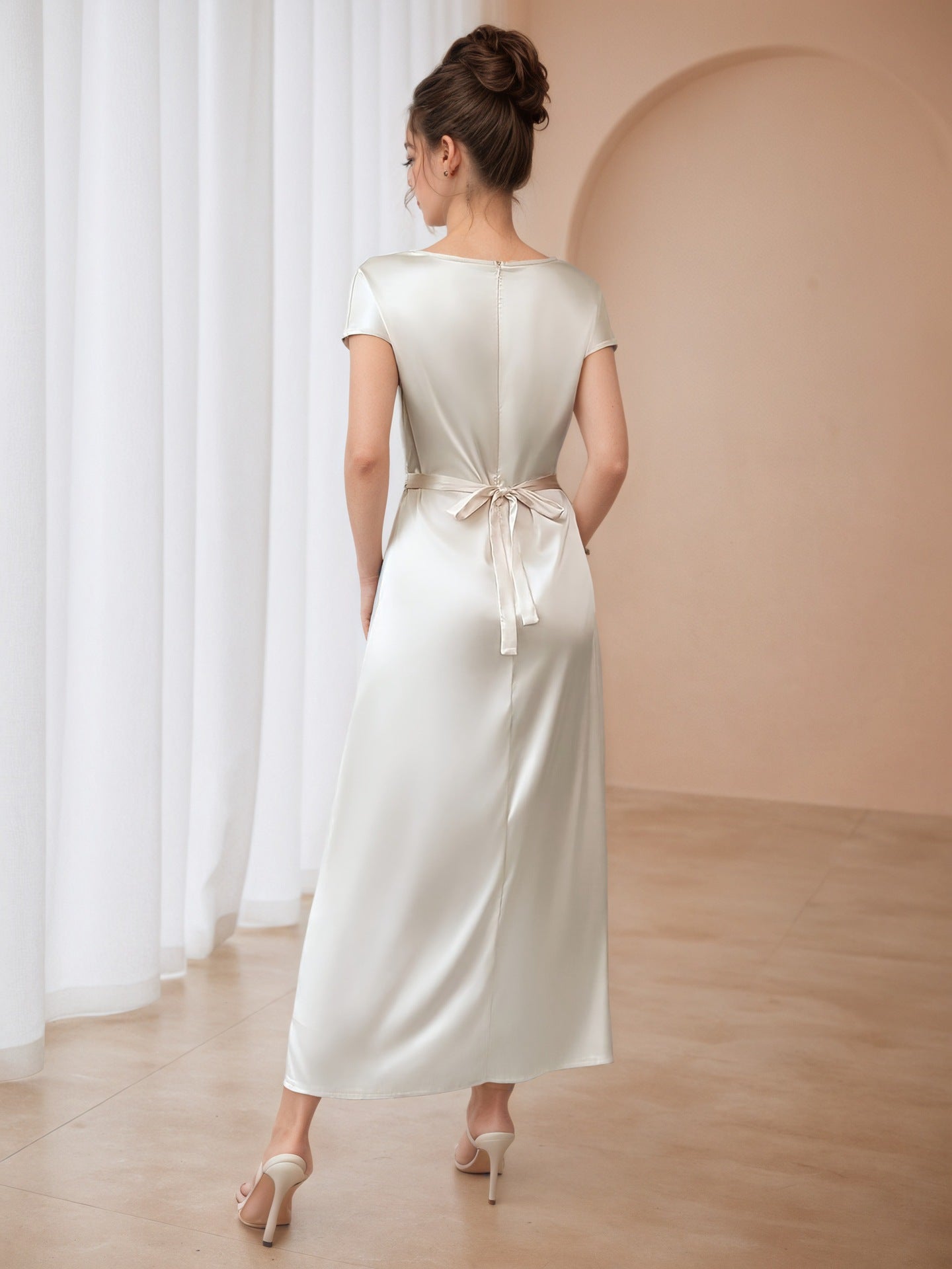 Solid Satin Maxi Dress with Cowl Neck and Tie-Back