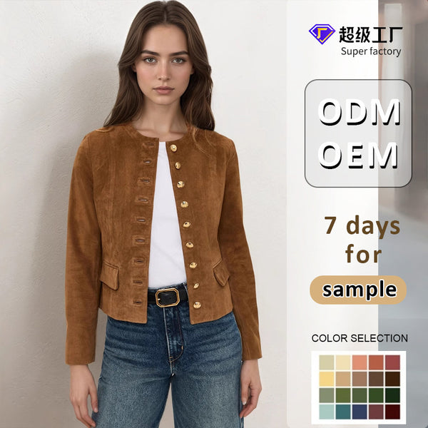 Solid Suede Cropped Jacket with Metal Button Front
