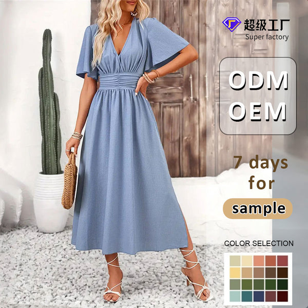 Solid V-Neck Midi Dress with Flutter Sleeves and Elastic Waist