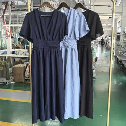 Solid V-Neck Midi Dress with Flutter Sleeves and Elastic Waist