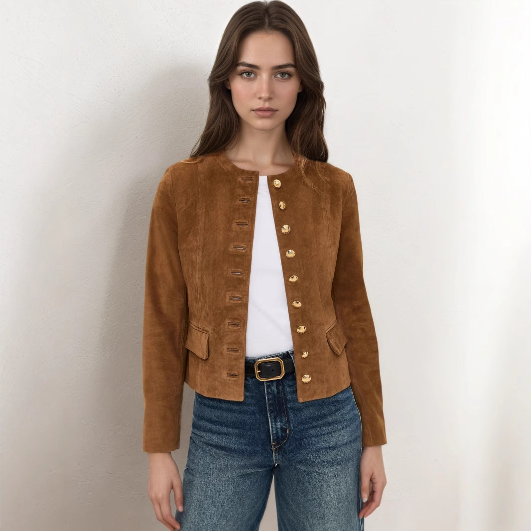 Solid Suede Cropped Jacket with Metal Button Front