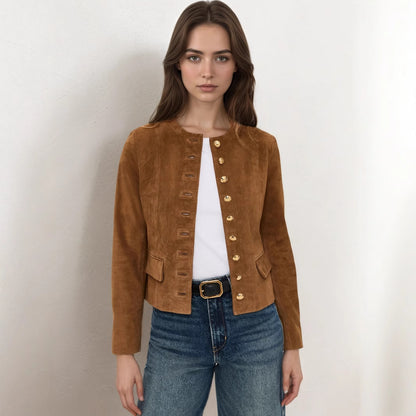 Solid Suede Cropped Jacket with Metal Button Front