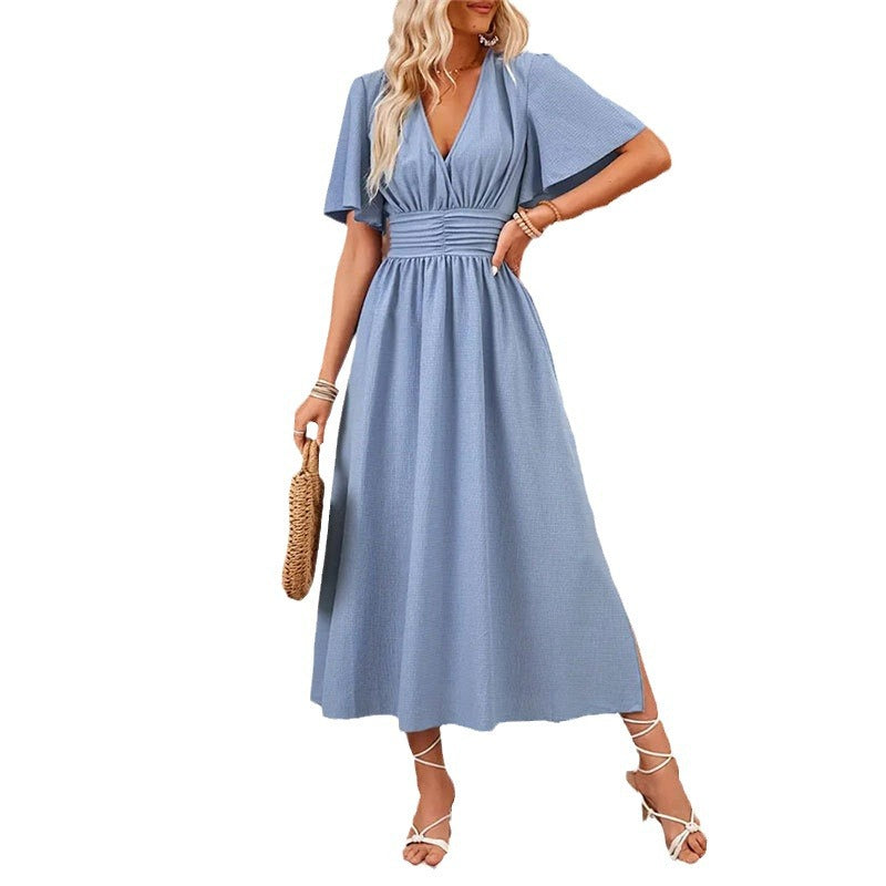 Solid V-Neck Midi Dress with Flutter Sleeves and Elastic Waist