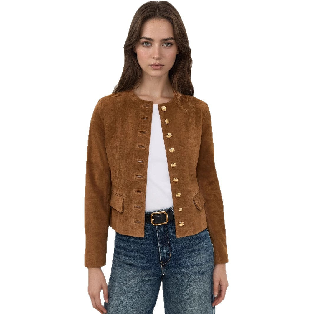 Solid Suede Cropped Jacket with Metal Button Front