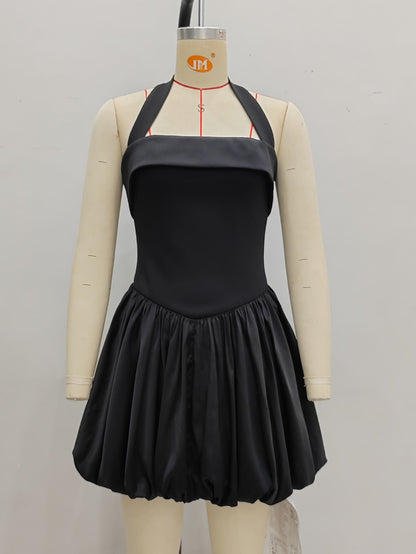 Solid Mini Dress with Halter Neck and Bubble Skirt