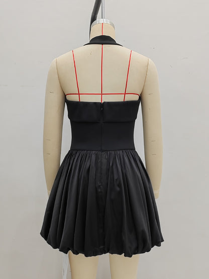 Solid Mini Dress with Halter Neck and Bubble Skirt