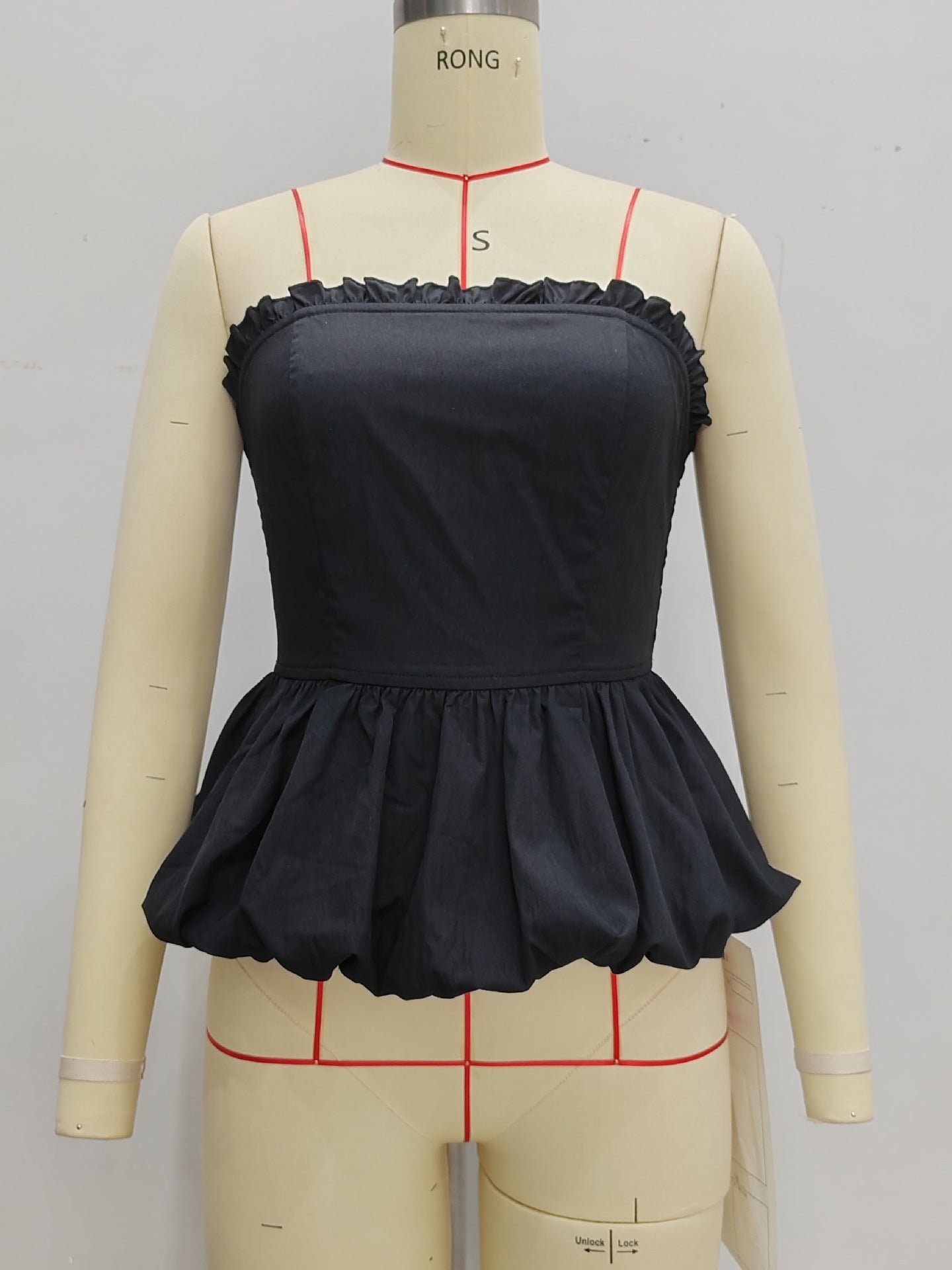 Solid Strapless Tube Top with Ruffled Bodice and Pleated Peplum