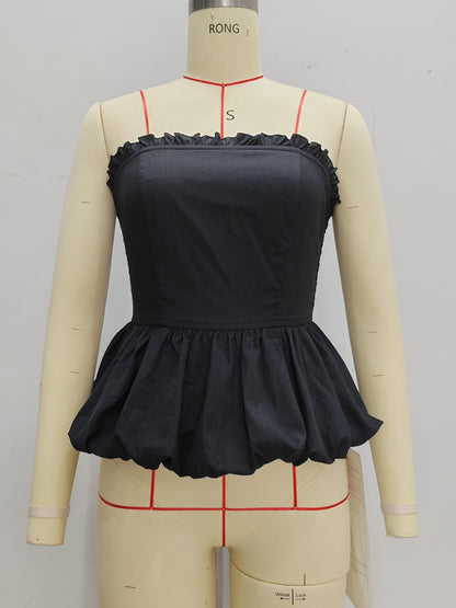Solid Strapless Tube Top with Ruffled Bodice and Pleated Peplum