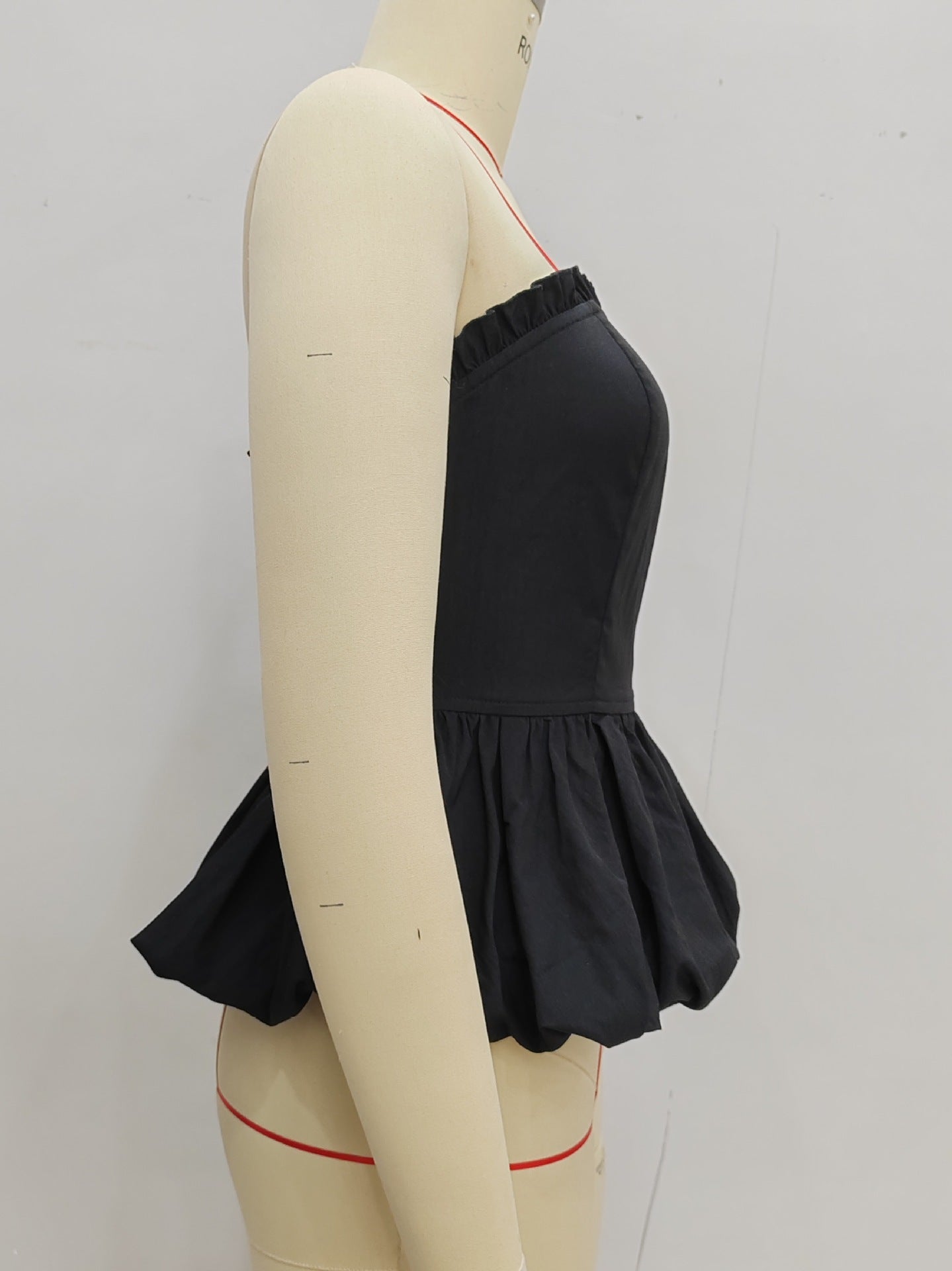 Solid Strapless Tube Top with Ruffled Bodice and Pleated Peplum