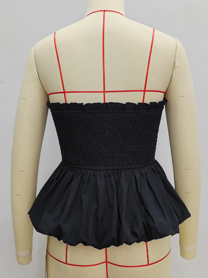 Solid Strapless Tube Top with Ruffled Bodice and Pleated Peplum