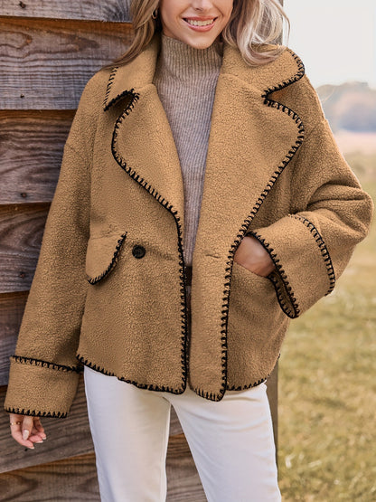 Loose Sherpa Jacket with Large Lapel and Contrast Stitching
