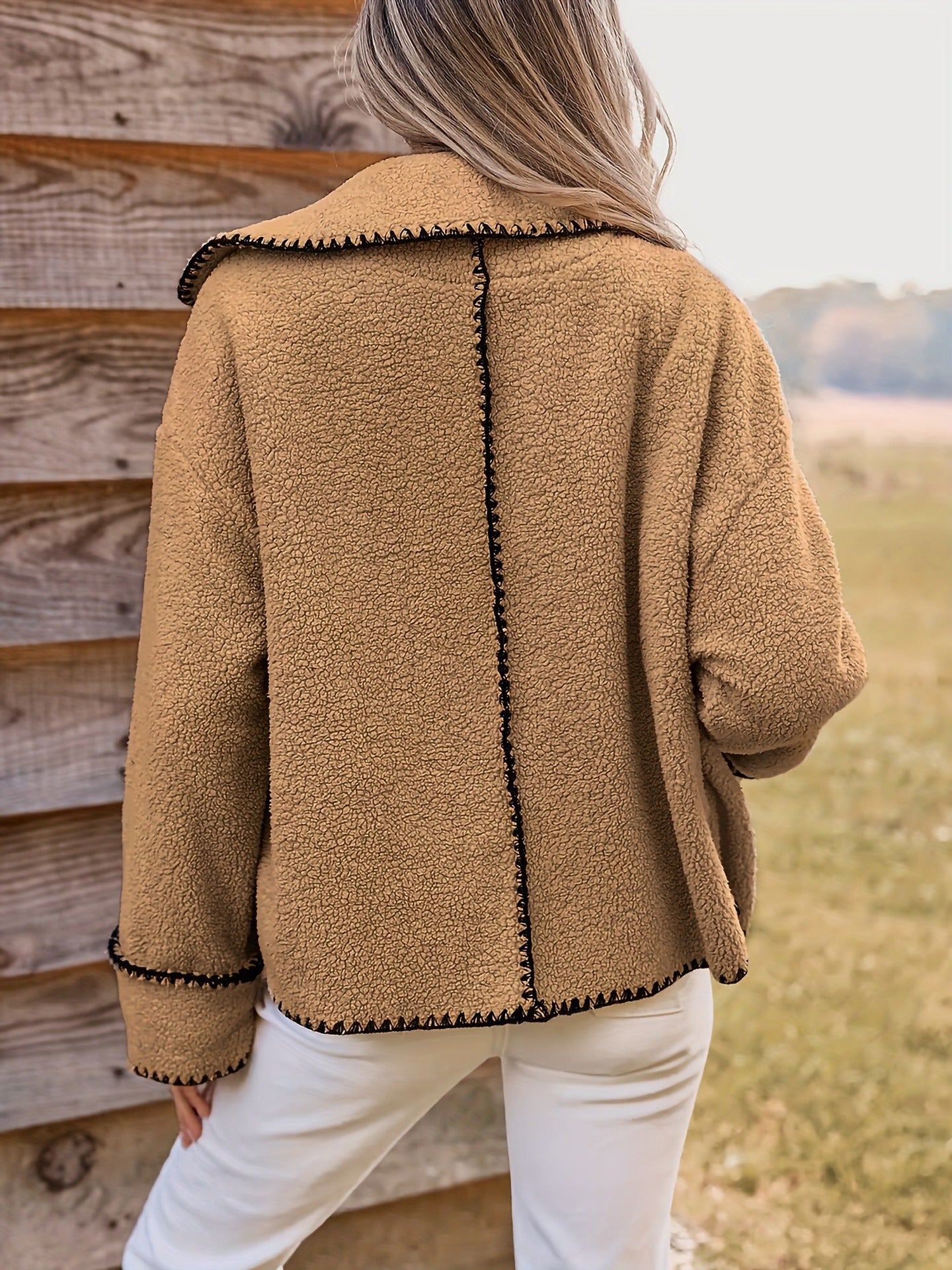 Loose Sherpa Jacket with Large Lapel and Contrast Stitching