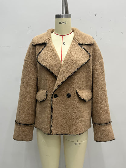 Loose Sherpa Jacket with Large Lapel and Contrast Stitching