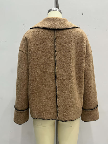 Loose Sherpa Jacket with Large Lapel and Contrast Stitching