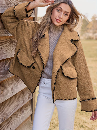 Loose Sherpa Jacket with Large Lapel and Contrast Stitching