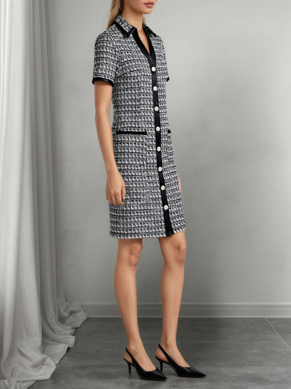 Tweed Plaid Sheath Dress with Faux Leather Trim