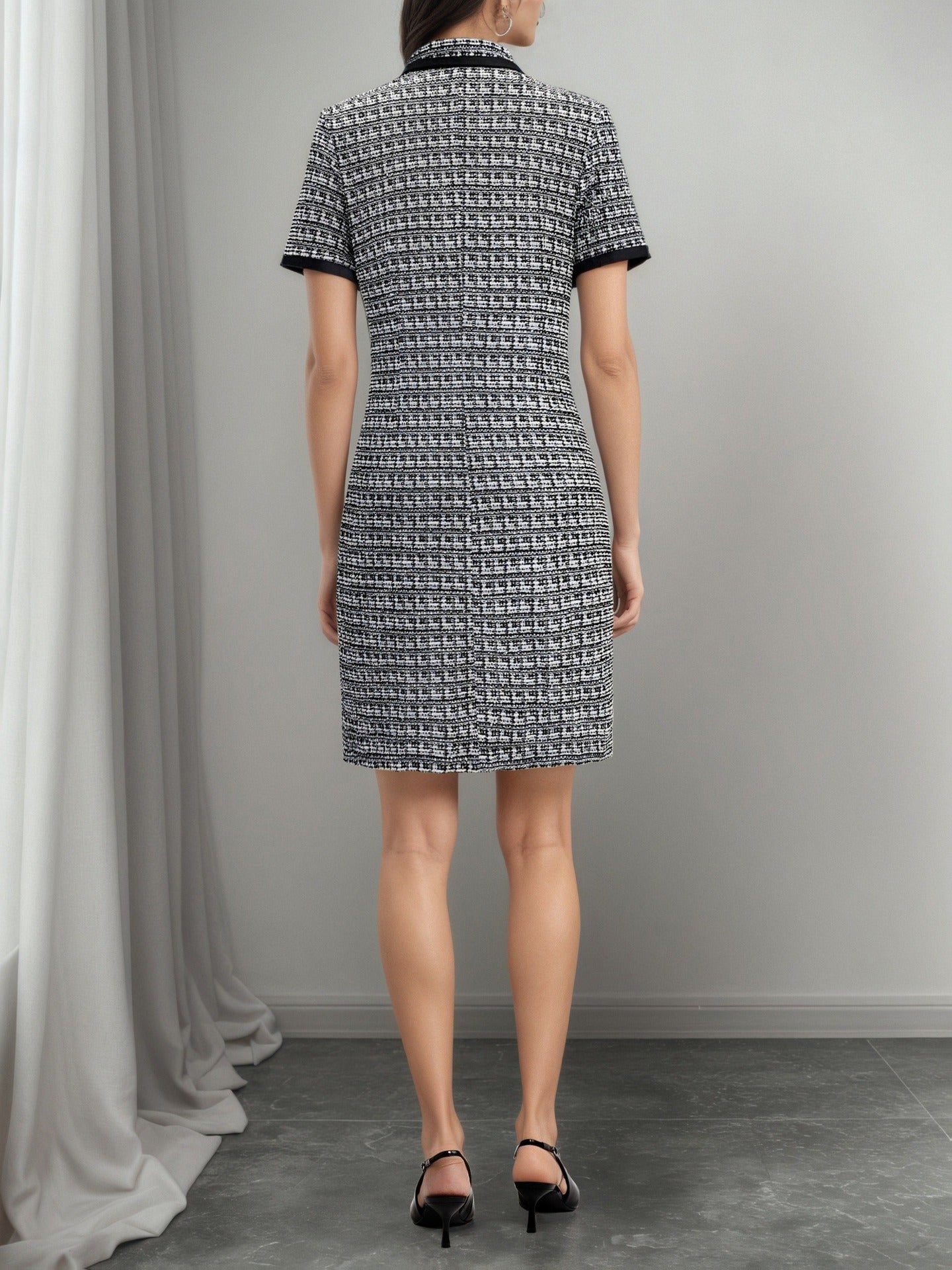 Tweed Plaid Sheath Dress with Faux Leather Trim