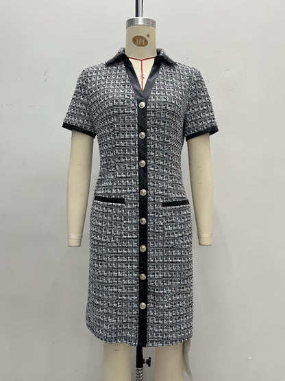 Tweed Plaid Sheath Dress with Faux Leather Trim