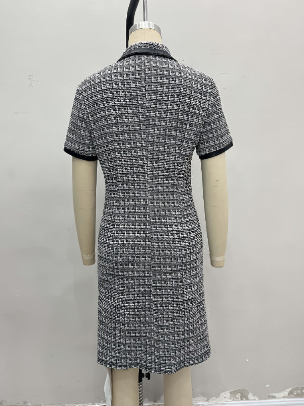 Tweed Plaid Sheath Dress with Faux Leather Trim