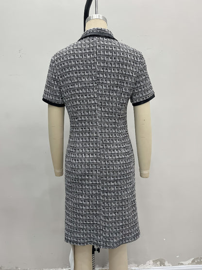 Tweed Plaid Sheath Dress with Faux Leather Trim