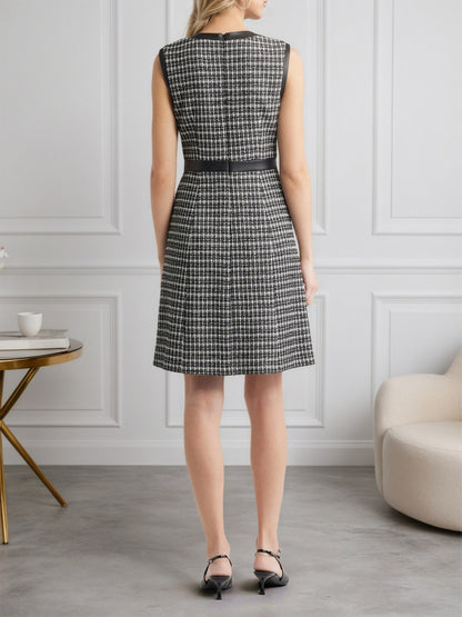 Sleeveless A-Line Houndstooth Tweed Dress with Faux Leather Trim