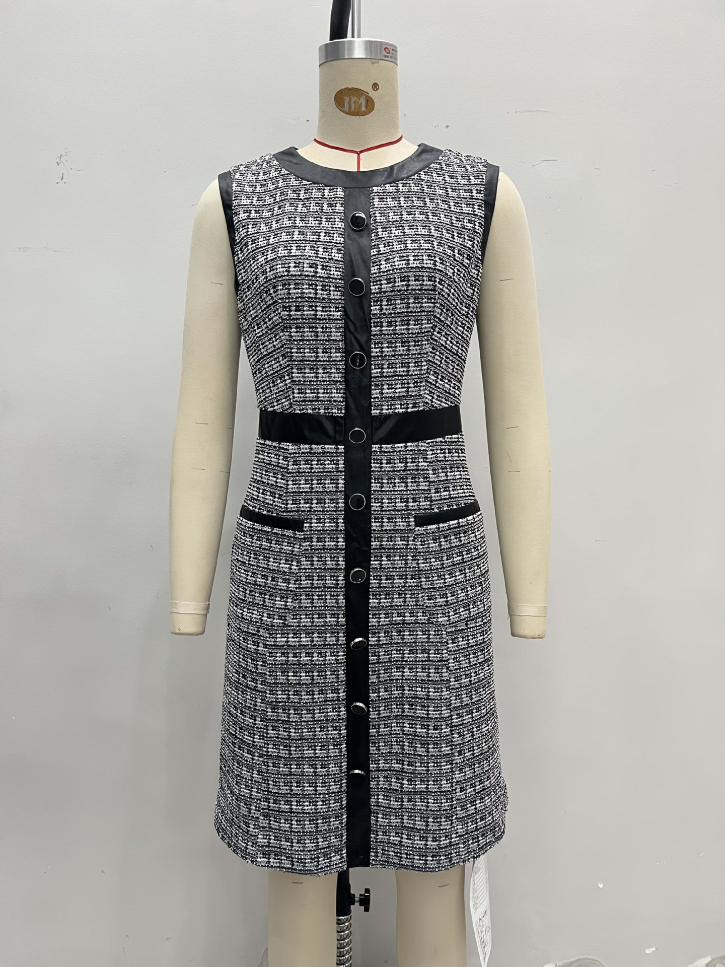Sleeveless A-Line Houndstooth Tweed Dress with Faux Leather Trim