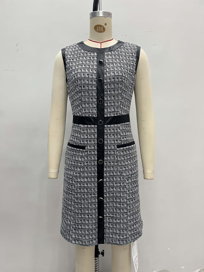 Sleeveless A-Line Houndstooth Tweed Dress with Faux Leather Trim