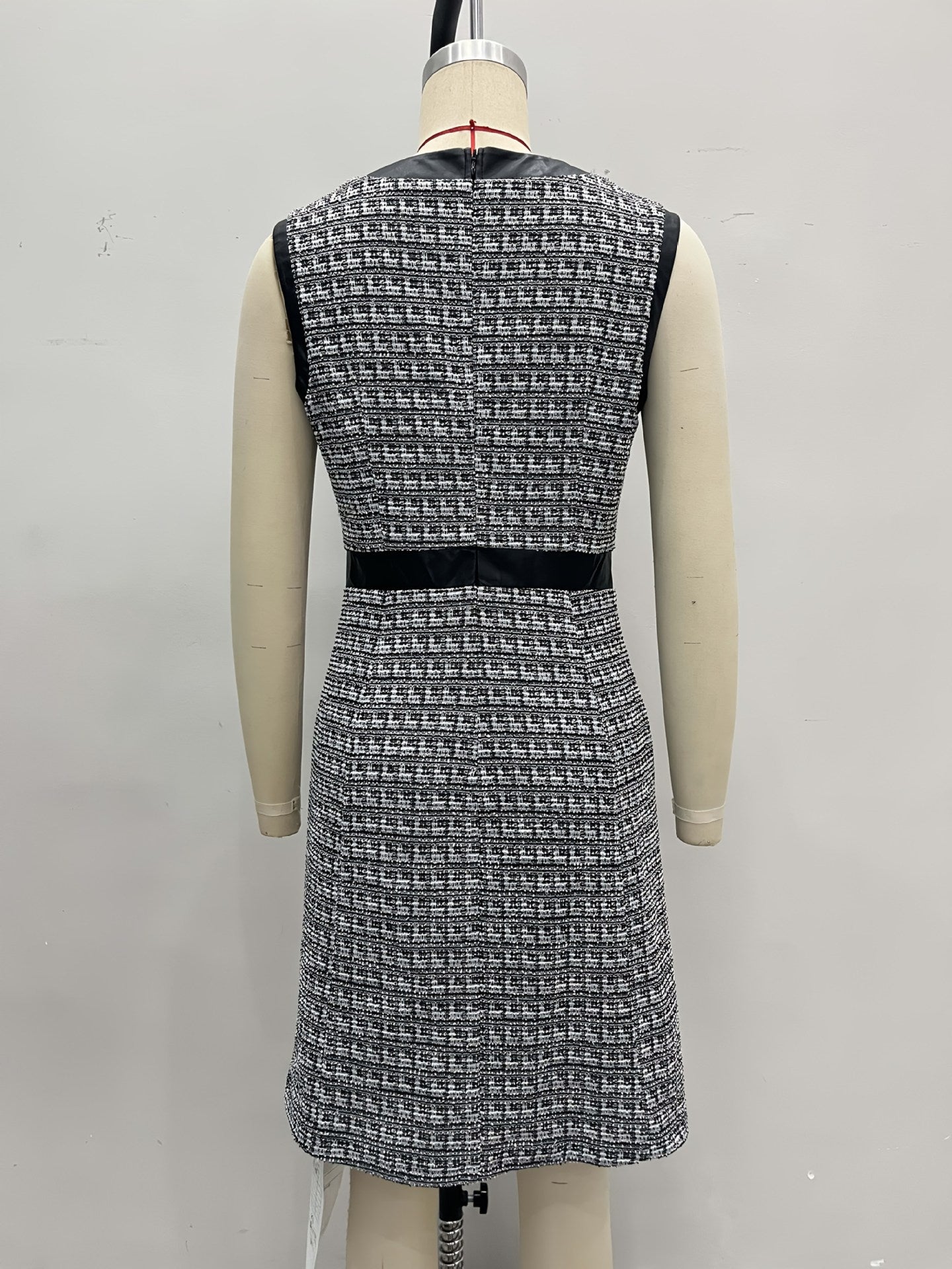 Sleeveless A-Line Houndstooth Tweed Dress with Faux Leather Trim