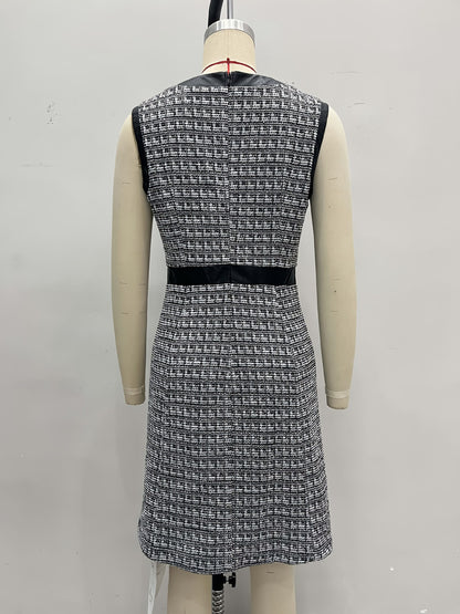 Sleeveless A-Line Houndstooth Tweed Dress with Faux Leather Trim