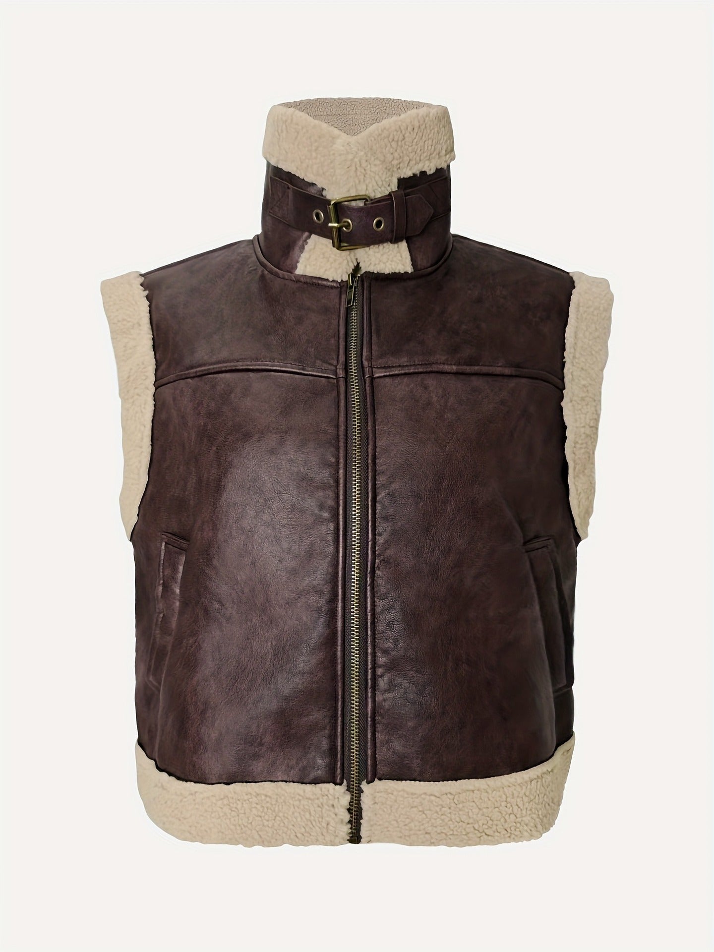 Sleeveless Faux Leather Vest with Plush Shearling Trim