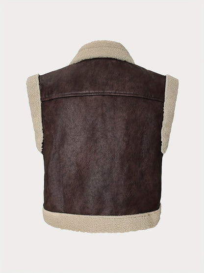 Sleeveless Faux Leather Vest with Plush Shearling Trim