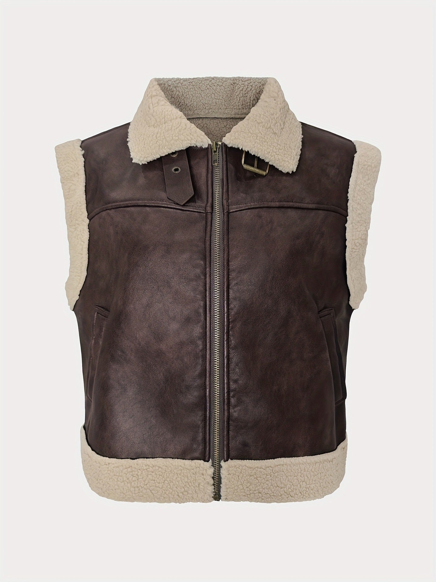 Sleeveless Faux Leather Vest with Plush Shearling Trim