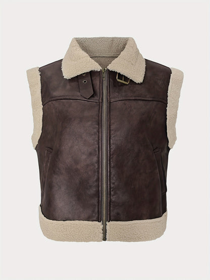 Sleeveless Faux Leather Vest with Plush Shearling Trim