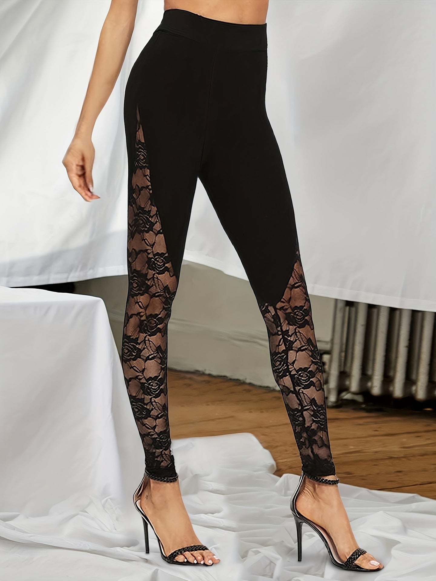High-Waist Leggings with Sheer Floral Lace Panels