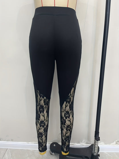 High-Waist Leggings with Sheer Floral Lace Panels