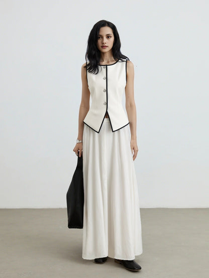 Sleeveless Cardigan with Contrast Trim and Tie-Waist