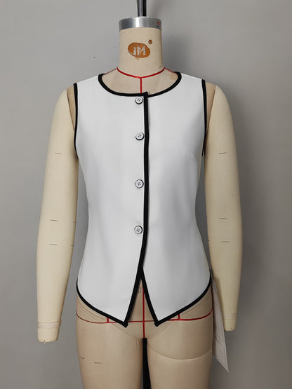 Sleeveless Cardigan with Contrast Trim and Tie-Waist