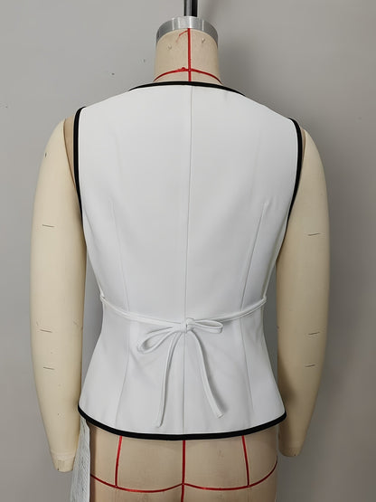 Sleeveless Cardigan with Contrast Trim and Tie-Waist