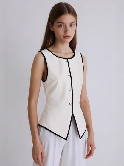 Sleeveless Cardigan with Contrast Trim and Tie-Waist