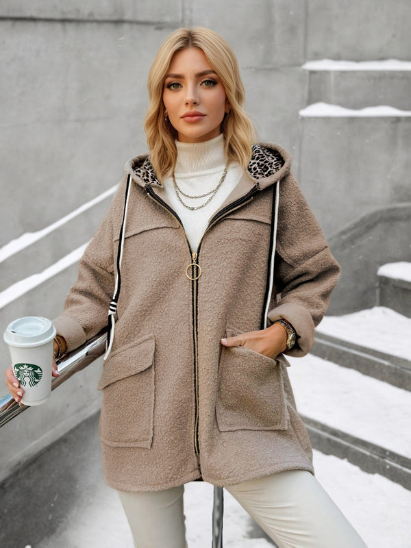 Oversized Hooded Teddy Fleece Coat with Zip Front and Pockets