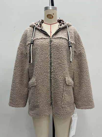 Oversized Hooded Teddy Fleece Coat with Zip Front and Pockets