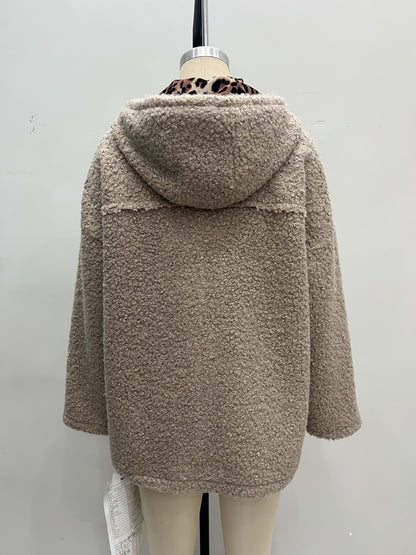 Oversized Hooded Teddy Fleece Coat with Zip Front and Pockets